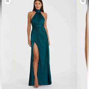 Mac Duggal Blue Open Back High Neck Side Ruched Gown ocean blue